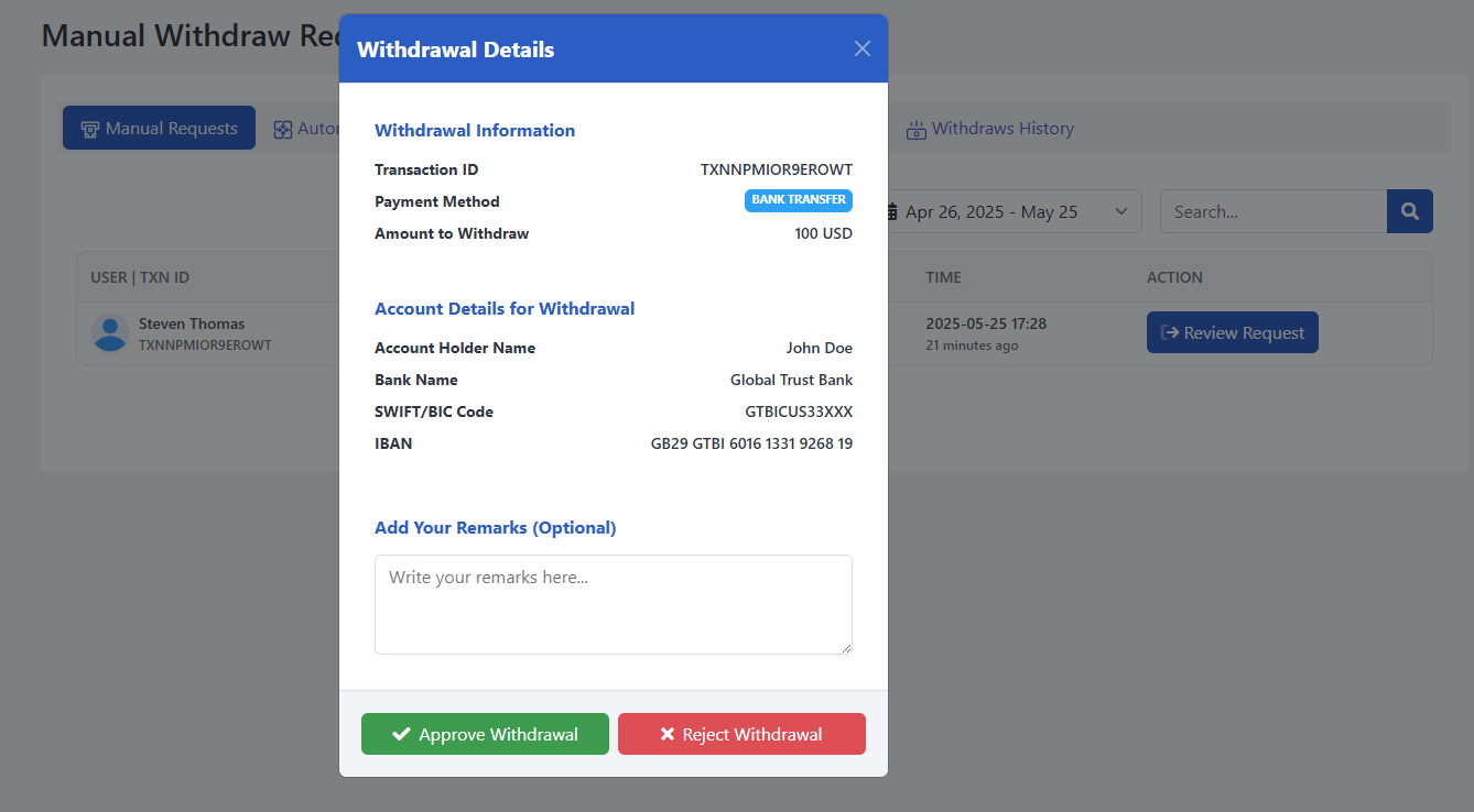 Manual Withdraw Requests UI